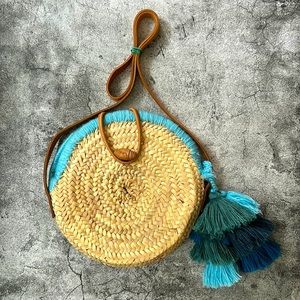 Boho Round Rattan Straw Leather Strap Tassel Shoulder Bag